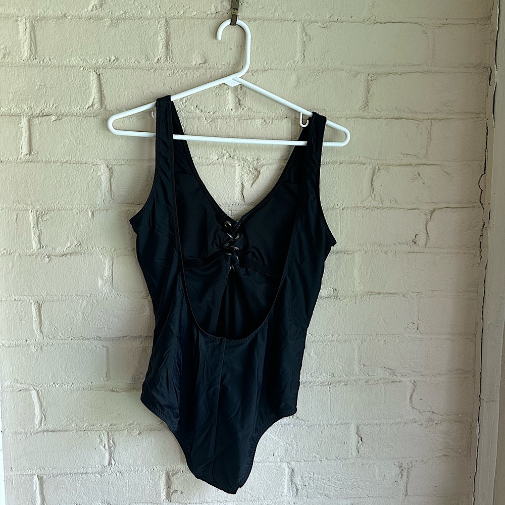 Mossimo size medium boho tie up black basic v neck one piece swimsuit